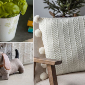 Potted Plant, Neutral Pom Pom Cushion, Dog Door Stop