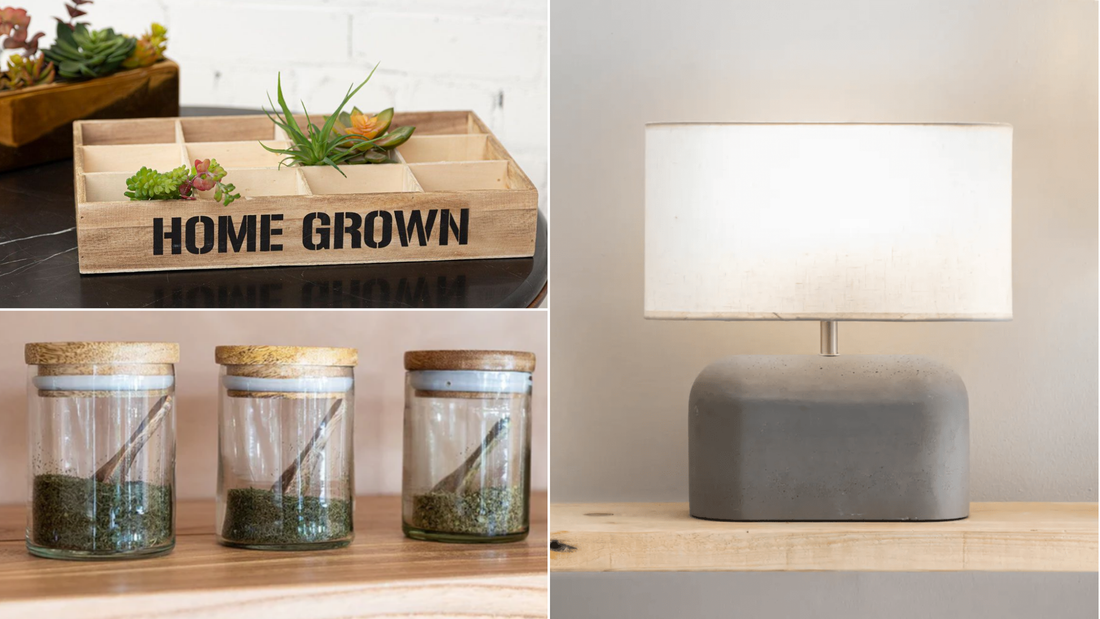 Wooden planter, spice jars, and grey concrete lamp