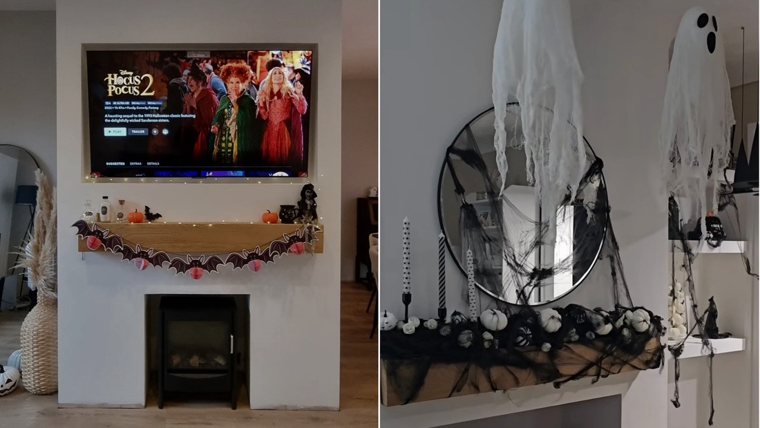 halloween DIY garlands and decorations on mantel beams