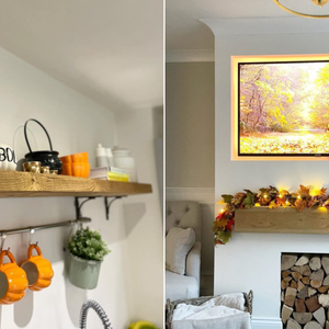 an image with halloween mugs on a kitchen shelf and an image with an autumn leaf garland hanging on a mantle