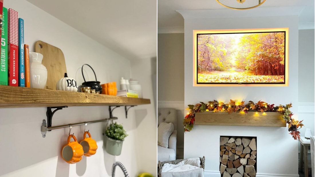 an image with halloween mugs on a kitchen shelf and an image with an autumn leaf garland hanging on a mantle