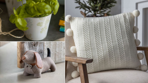 Potted Plant, Neutral Pom Pom Cushion, Dog Door Stop