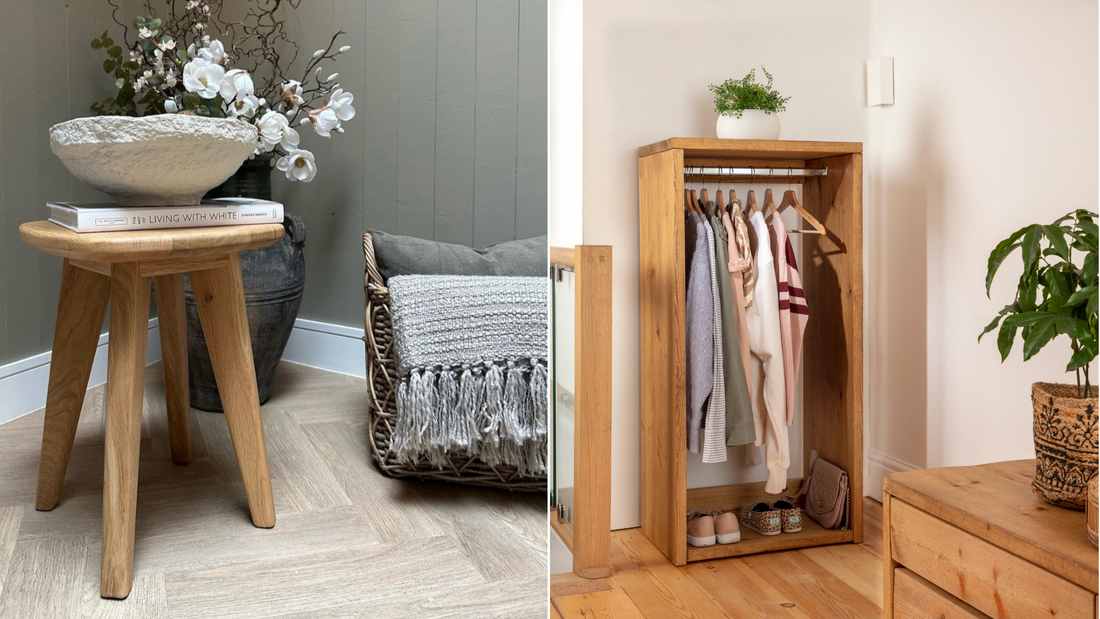 The left image shows a wooden stool with a bowl and book on top, and a basket with a blanket behind it. The right image shows a wooden wardrobe with hanging clothes, shoes, and a plant on top.