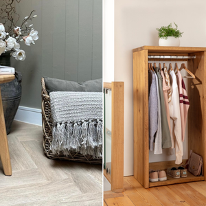 The left image shows a wooden stool with a bowl and book on top, and a basket with a blanket behind it. The right image shows a wooden wardrobe with hanging clothes, shoes, and a plant on top.