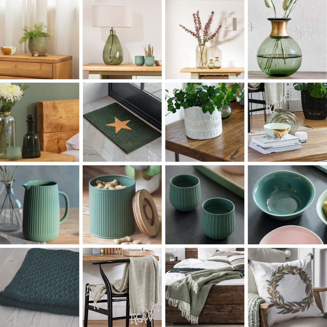 Green accessoires, tableware, lighting and soft furnishings
