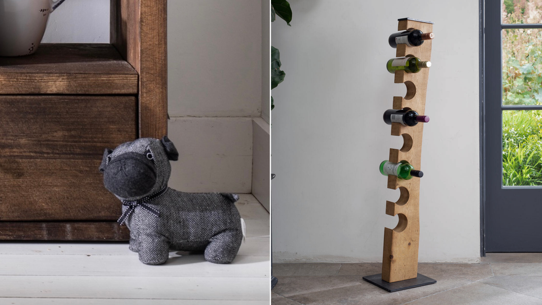 two images side by side, the left image shows a pug-shaped doorstop in front of a solid wood console table. the image to the right shows a solid wood wine rack