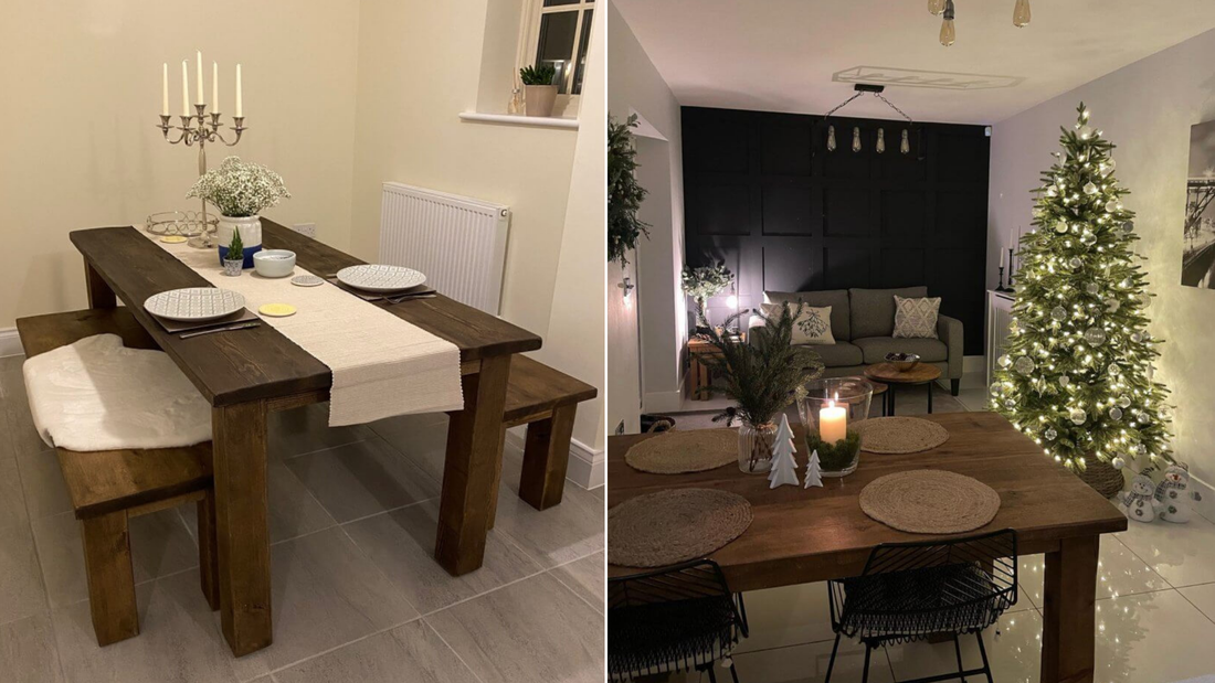 two images of solid wood dining tables, both decorated with table runners and placemats. the image on the right features Christmas decorations.