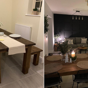 two images of solid wood dining tables, both decorated with table runners and placemats. the image on the right features Christmas decorations.