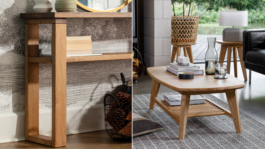 2 images of a solid wood console table and coffee table with storage side by side. showcasing scandi-inspired furniture