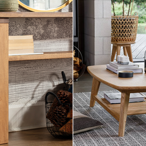 2 images of a solid wood console table and coffee table with storage side by side. showcasing scandi-inspired furniture