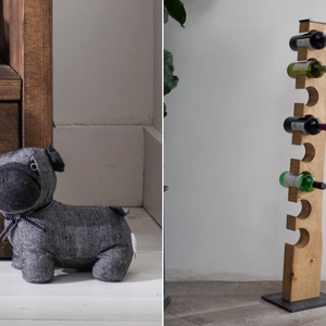 two images side by side, the left image shows a pug-shaped doorstop in front of a solid wood console table. the image to the right shows a solid wood wine rack