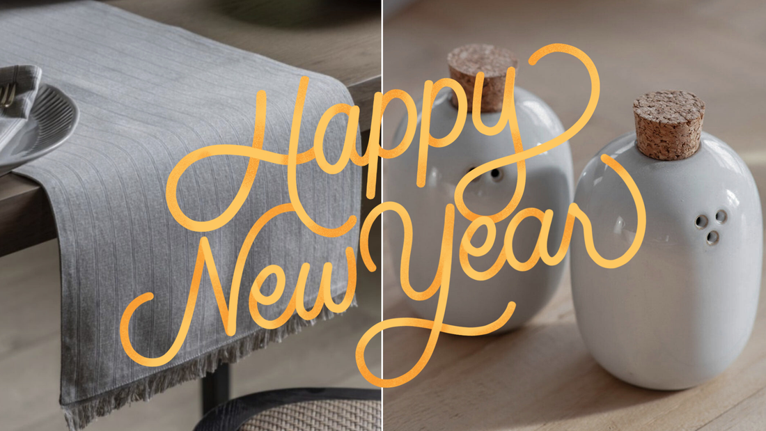 2 images side by side of a neutral table runner and ceramic salt and pepper shakers. there is 'Happy New Year' writing over the image in gold.