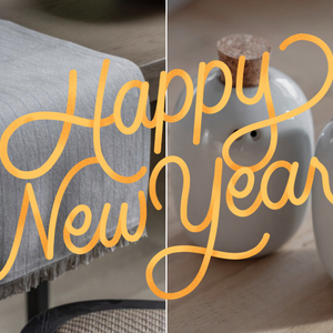 2 images side by side of a neutral table runner and ceramic salt and pepper shakers. there is 'Happy New Year' writing over the image in gold.