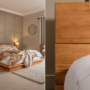 two side by side images of the Stepney bed. this bed is a warm toned, minimalistic bed with a low profile.