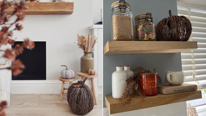 Two rooms one with a mantle beam and one with two wooden shelves both with seasonal décor.