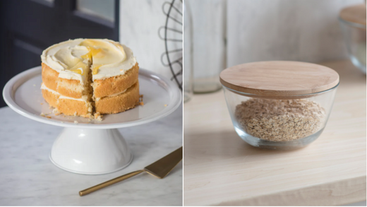 White Cake Stand and Bamboo & Glass Storage Bowl