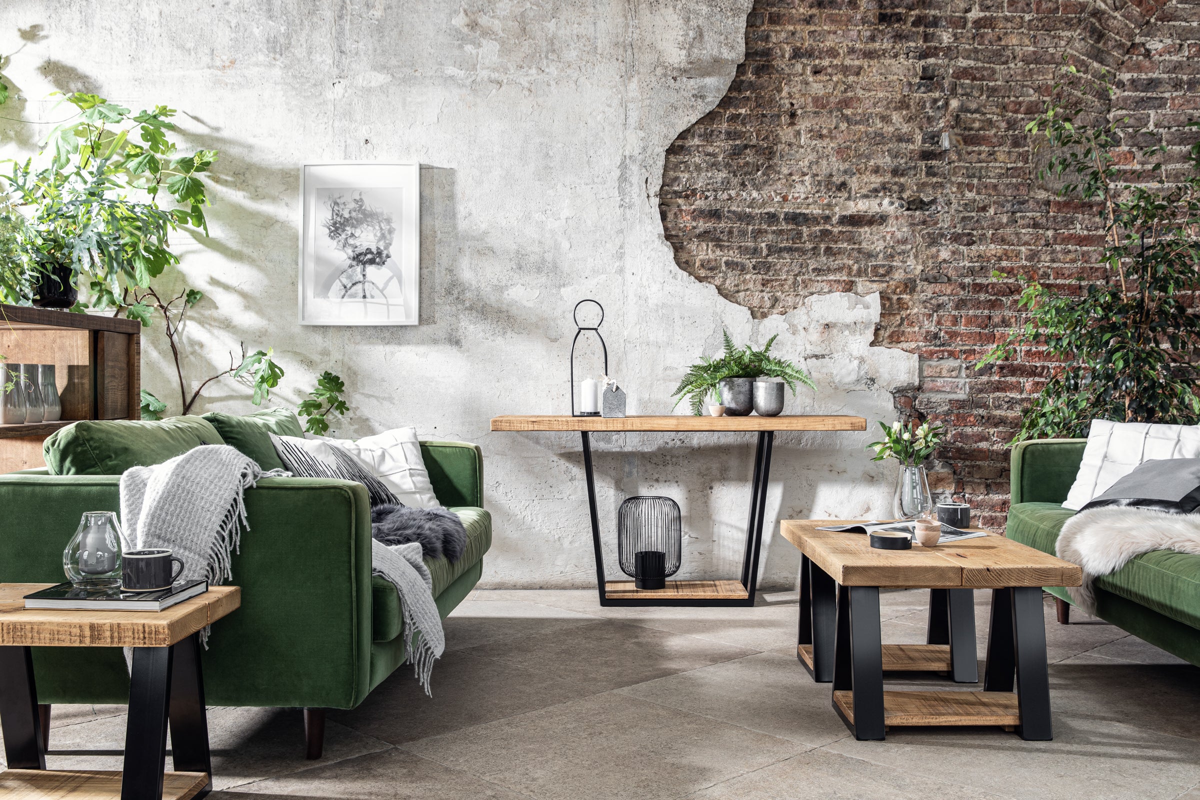 Living room industrial style with wooden furniture 