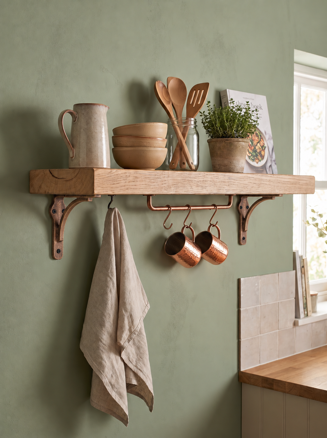 Birtley Copper Solid Wood Shelf & Brackets - 8x2 Oak Shelf (19x4cm)