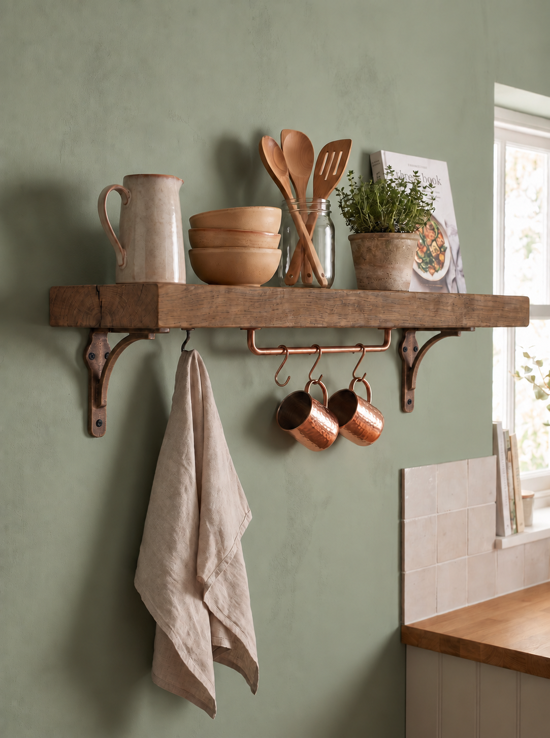 Birtley Copper Solid Wood Shelf & Brackets - 8x2 Oak Shelf (19x4cm)