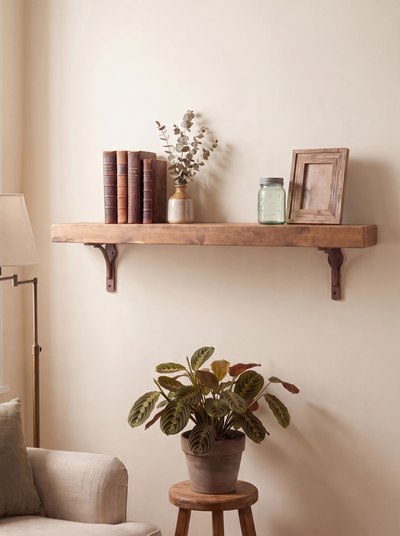 Birtley Copper Rustic Wooden Shelf with Brackets - 14.5cm x 4.5cm