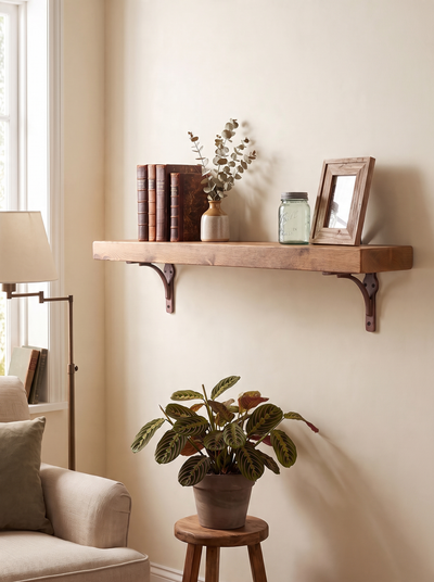 Birtley Copper Rustic Wooden Shelf with Brackets - 14.5cm x 4.5cm