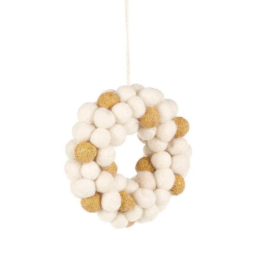 Felt Ball Wreath - Gold And White - 