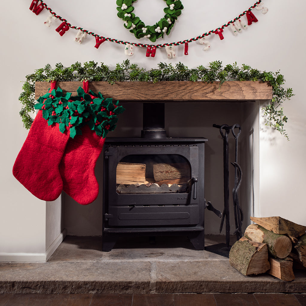 Christmas fireplace with mantel and Christmas Stockings