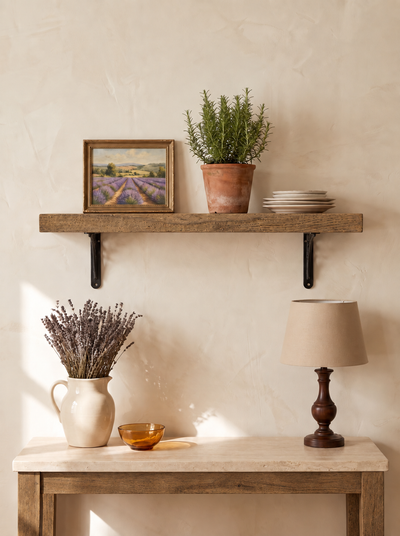 Lindisfarne Solid Wood Shelf & Brackets - 8x2 Oak Shelf (19x4cm) - Bracketed Shelves