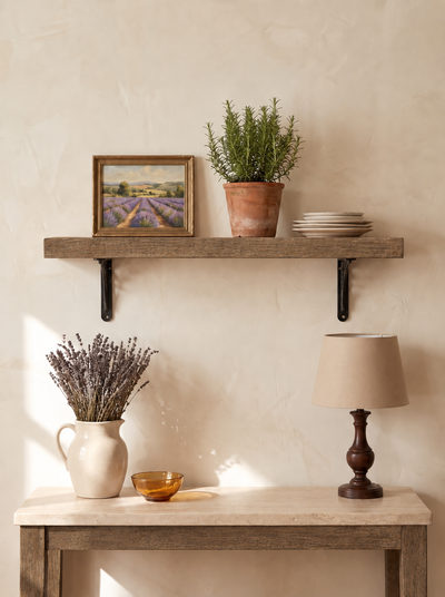 Lindisfarne Solid Wood Shelf & Brackets - 8x2 Oak Shelf (19x4cm) - Bracketed Shelves