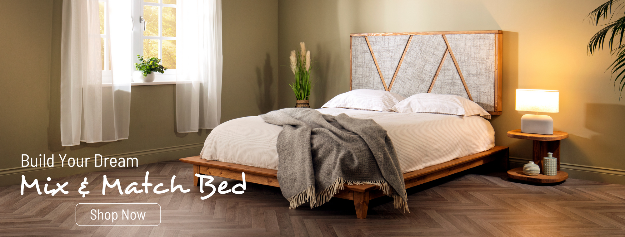 Bedroom setting with a wooden bed and bedside tables, featuring 'Build Your Dream Mix & Match Bed'