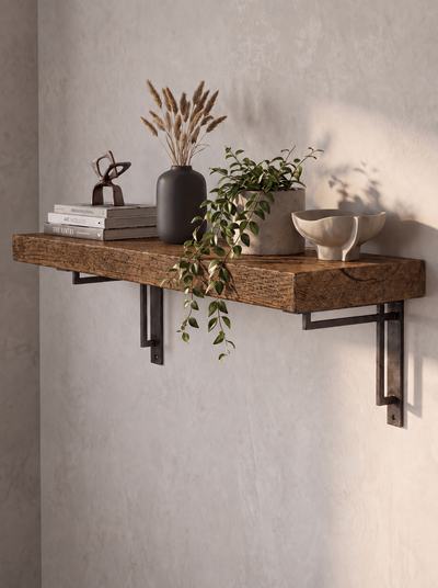 Regent Solid Shelf with Metal Brackets  - 8x2 Oak Shelf (19x4cm) - Bracketed Shelves
