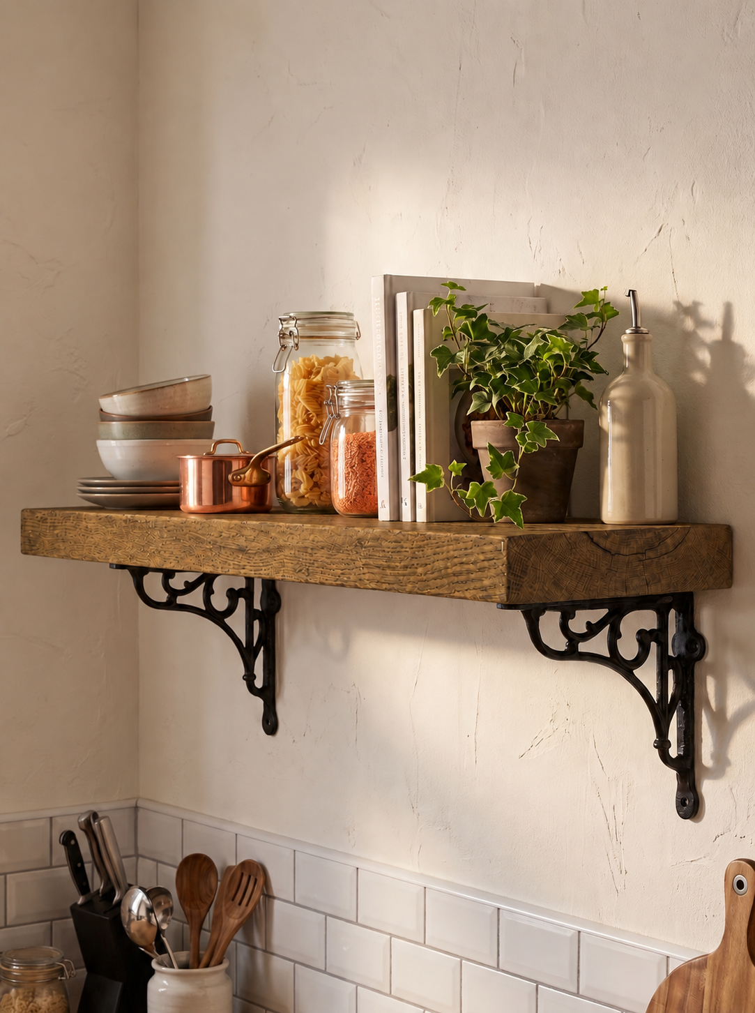 Warkworth Solid Shelf with Metal Brackets - 8x2 Oak Shelf (19x4cm)