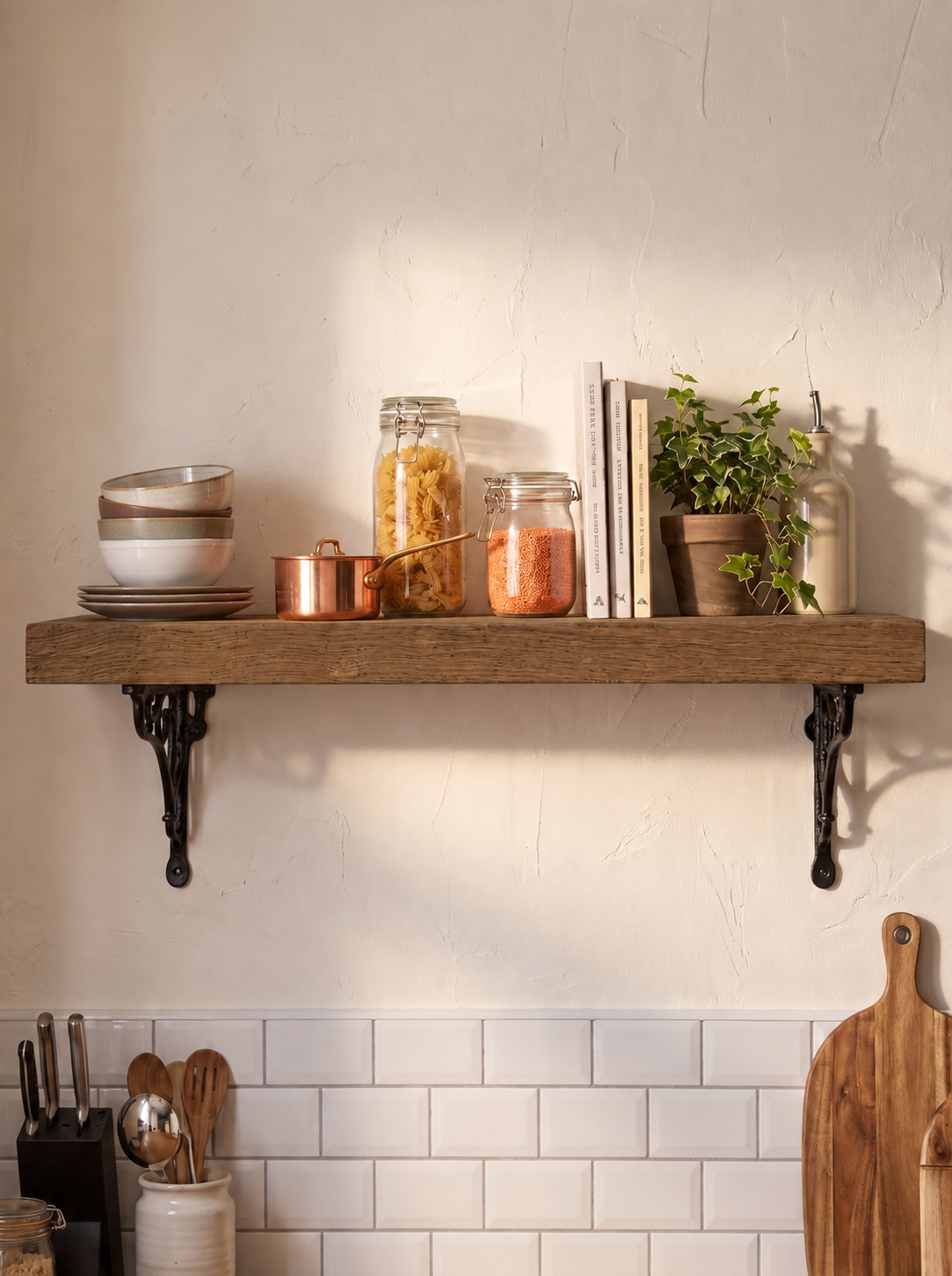 Warkworth Solid Shelf with Metal Brackets - 8x2 Oak Shelf (19x4cm)