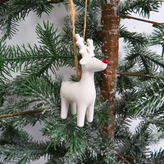 White Ceramic Reindeer Tree Decoration With Red Nose