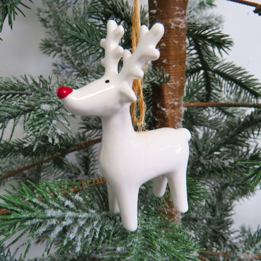 White Ceramic Reindeer Tree Decoration With Red Nose