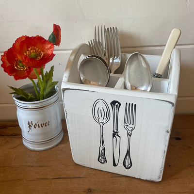White Wooden Cutlery Box - 