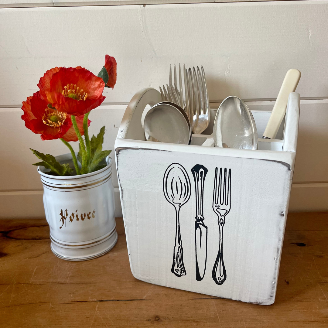 White Wooden Cutlery Box - 