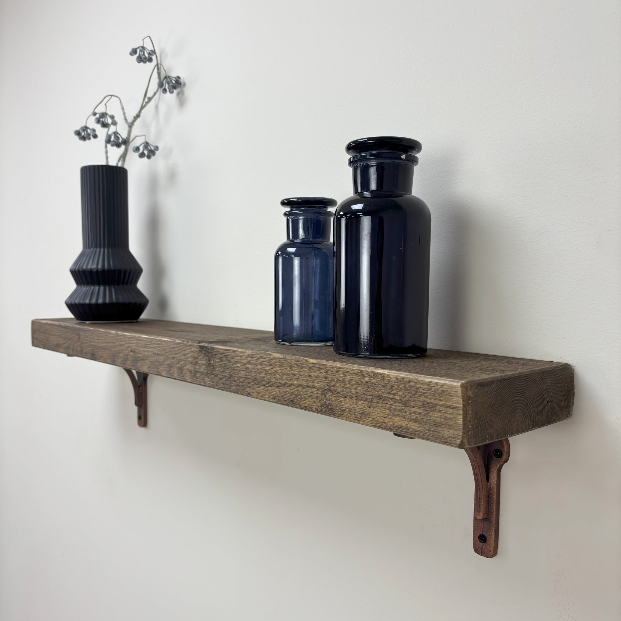 Birtley Copper Rustic Wooden Shelf with Brackets - 14.5cm x 4.5cm - Smoke     Pine