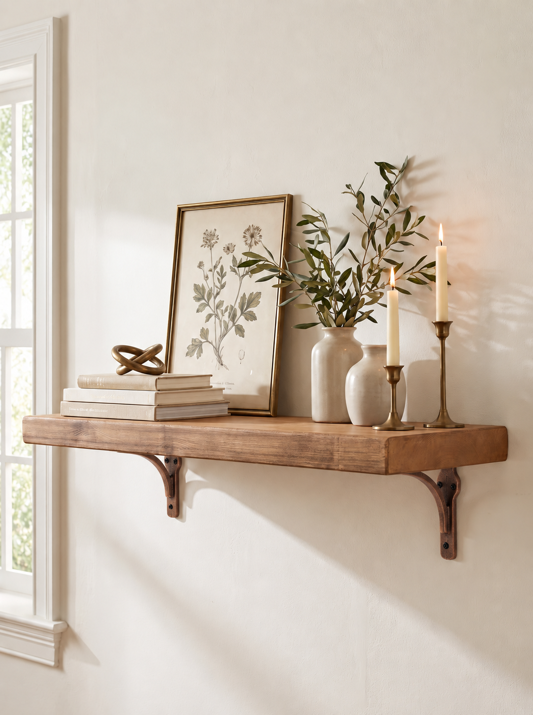 Birtley Copper Rustic Wooden Shelf with Brackets - 22cm x 4.5cm
