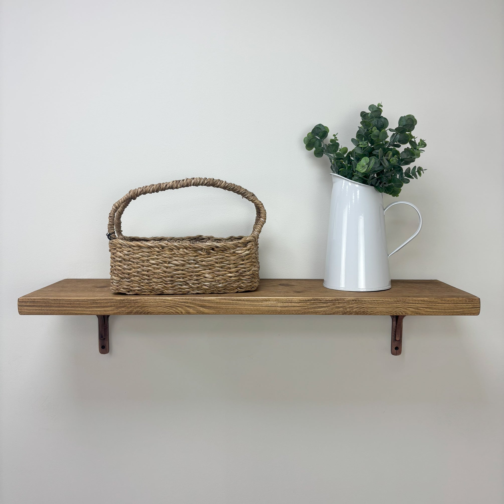 Birtley Copper Rustic Wooden Shelf with Brackets - 22cm x 3.5cm - Medium Oak 
