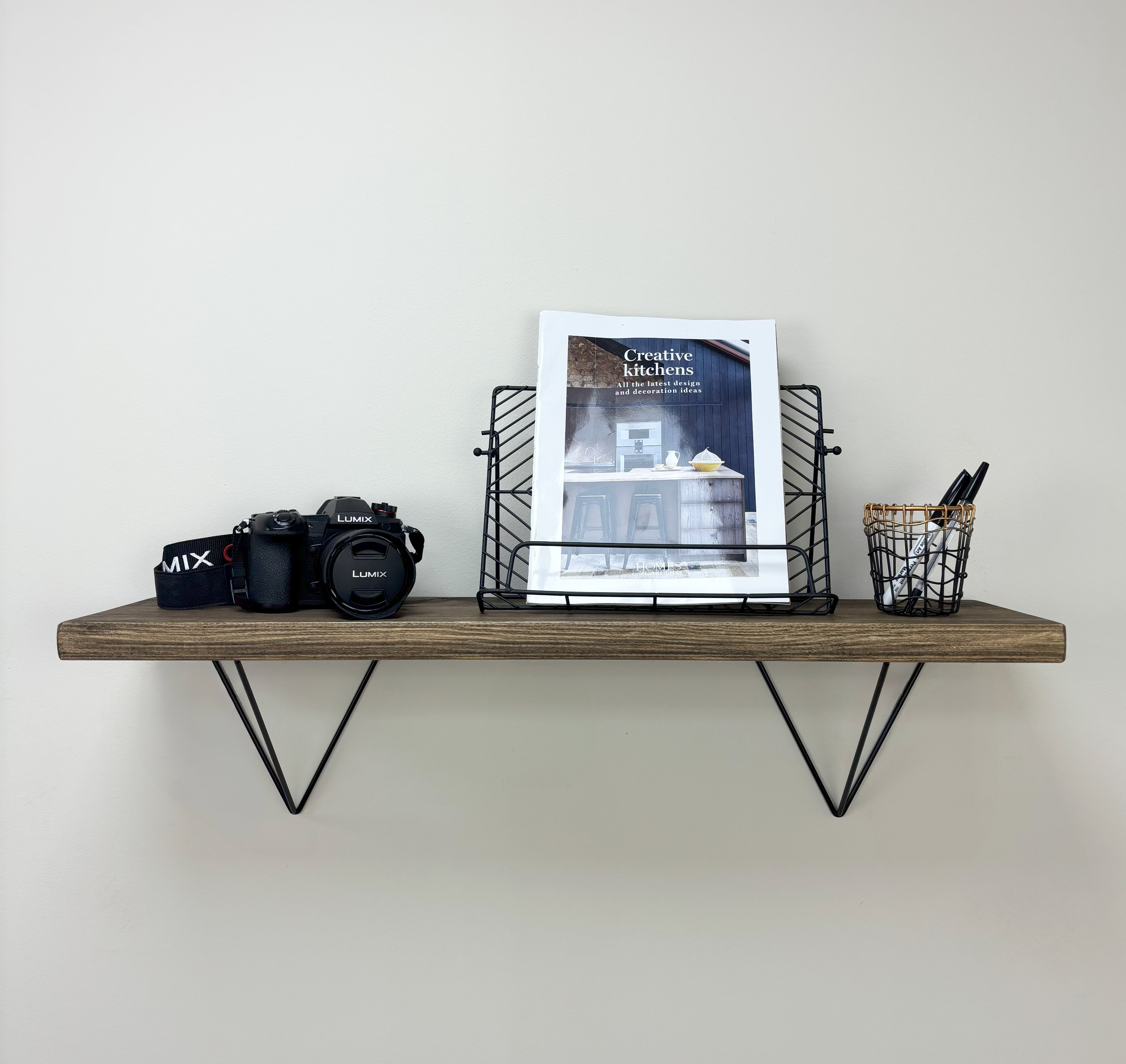 Bowes Rustic Wooden Shelf with Black Metal Brackets - 22cm x 3.5cm - 