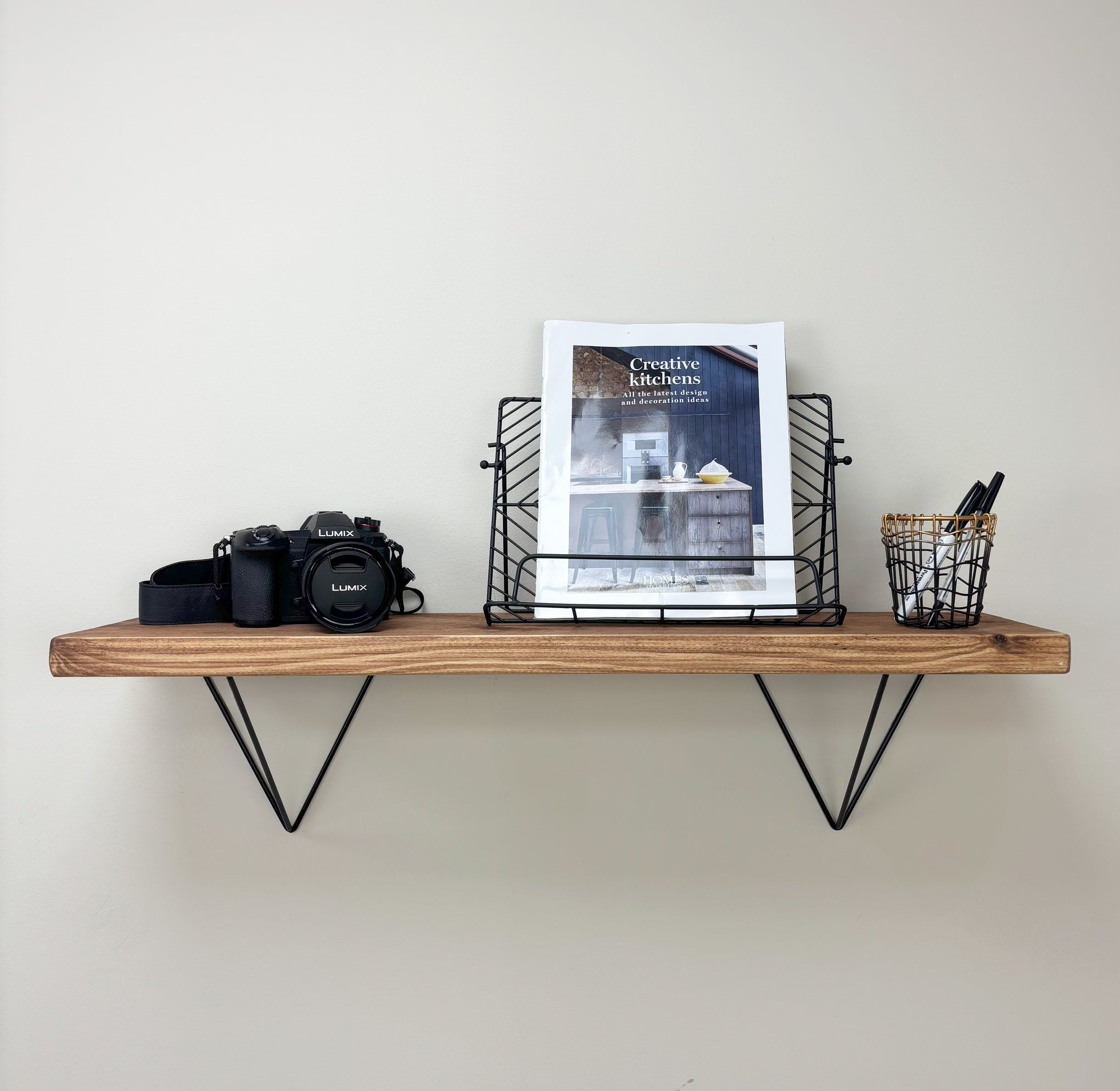 Bowes Rustic Wooden Shelf with Black Metal Brackets - 22cm x 3.5cm - 