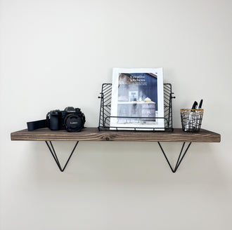 Bowes Rustic Wooden Shelf with Black Metal Brackets - 22cm x 3.5cm - Walnut