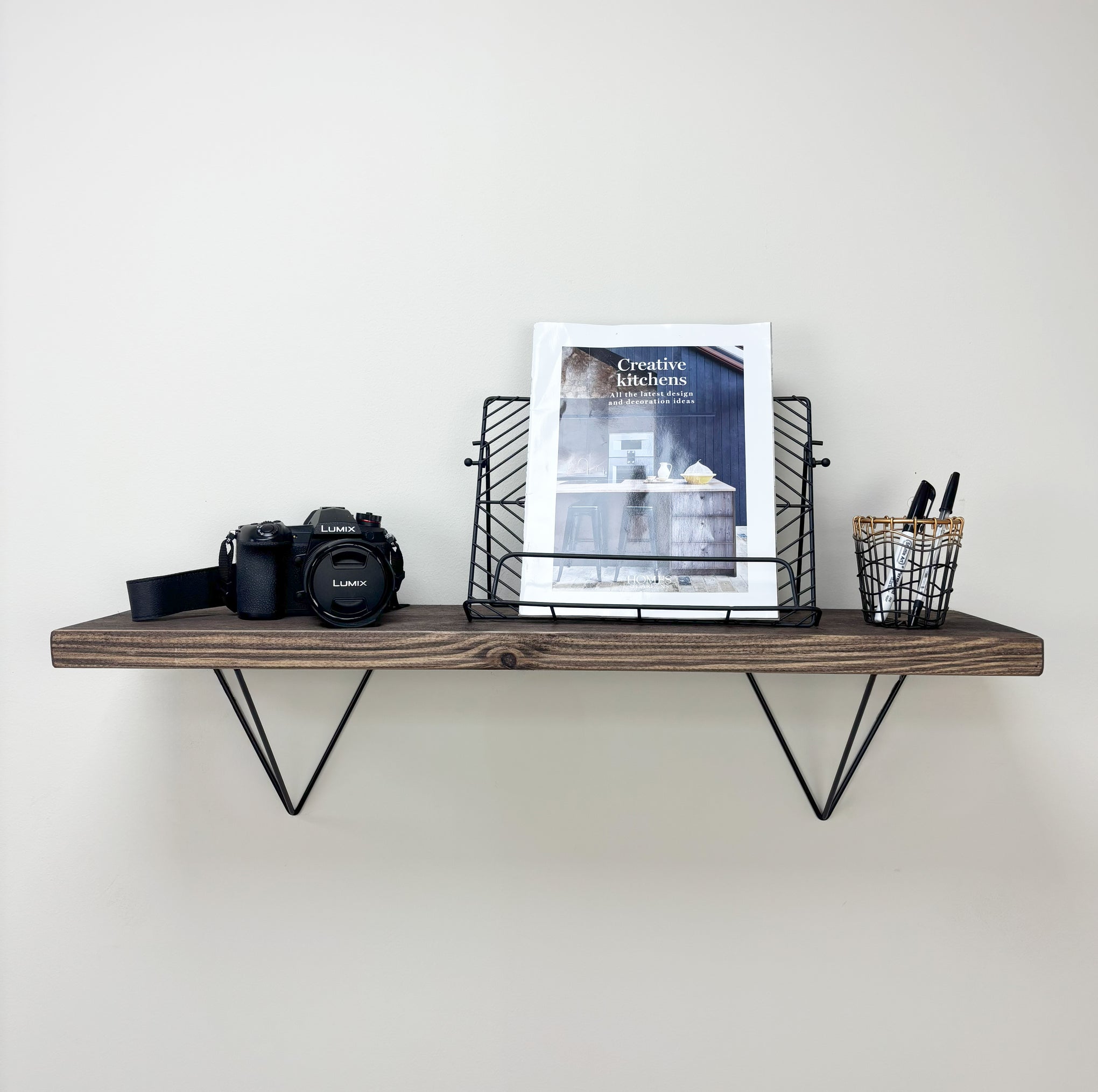 Bowes Rustic Wooden Shelf with Black Metal Brackets - 22cm x 3.5cm - 