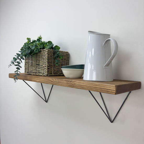 Bowes Rustic Wooden Shelf with Raw Steel Brackets - 22cm x 3.5cm - Medium Oak 
