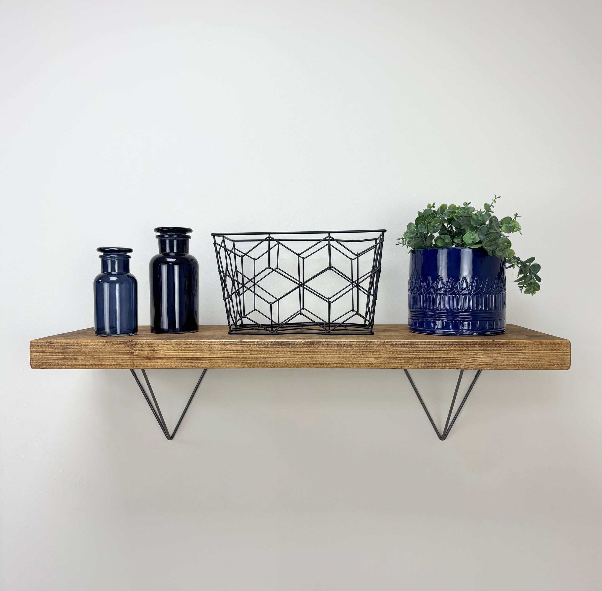 Bowes Rustic Wooden Shelf with Raw Steel Brackets - 29cm x 4.5cm - Medium Oak 