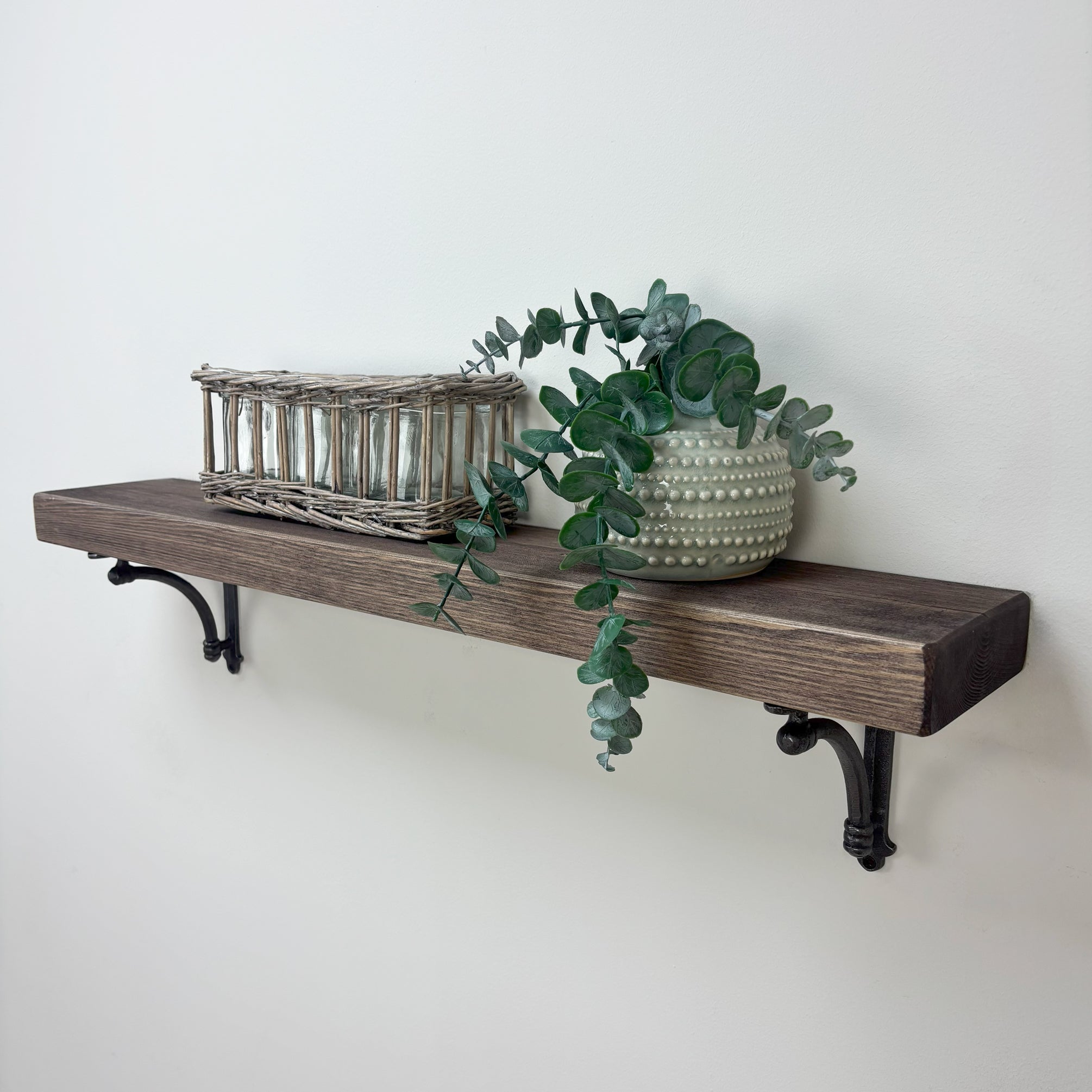 Causey Rustic Wooden Shelf with Brackets - 14.5cm x 4.5cm - Smoke Pine