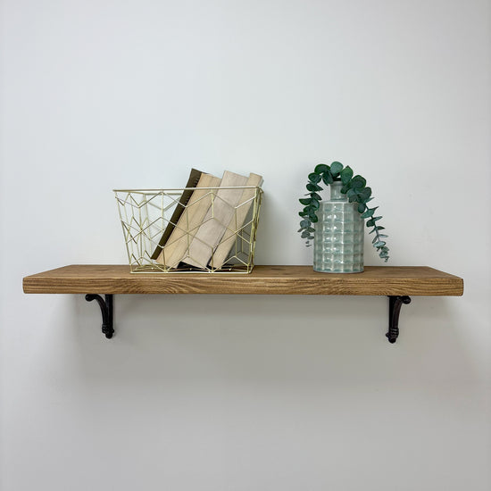 Causey Rustic Wooden Shelf with Brackets - 22cm x 3.5cm - Medium Oak 