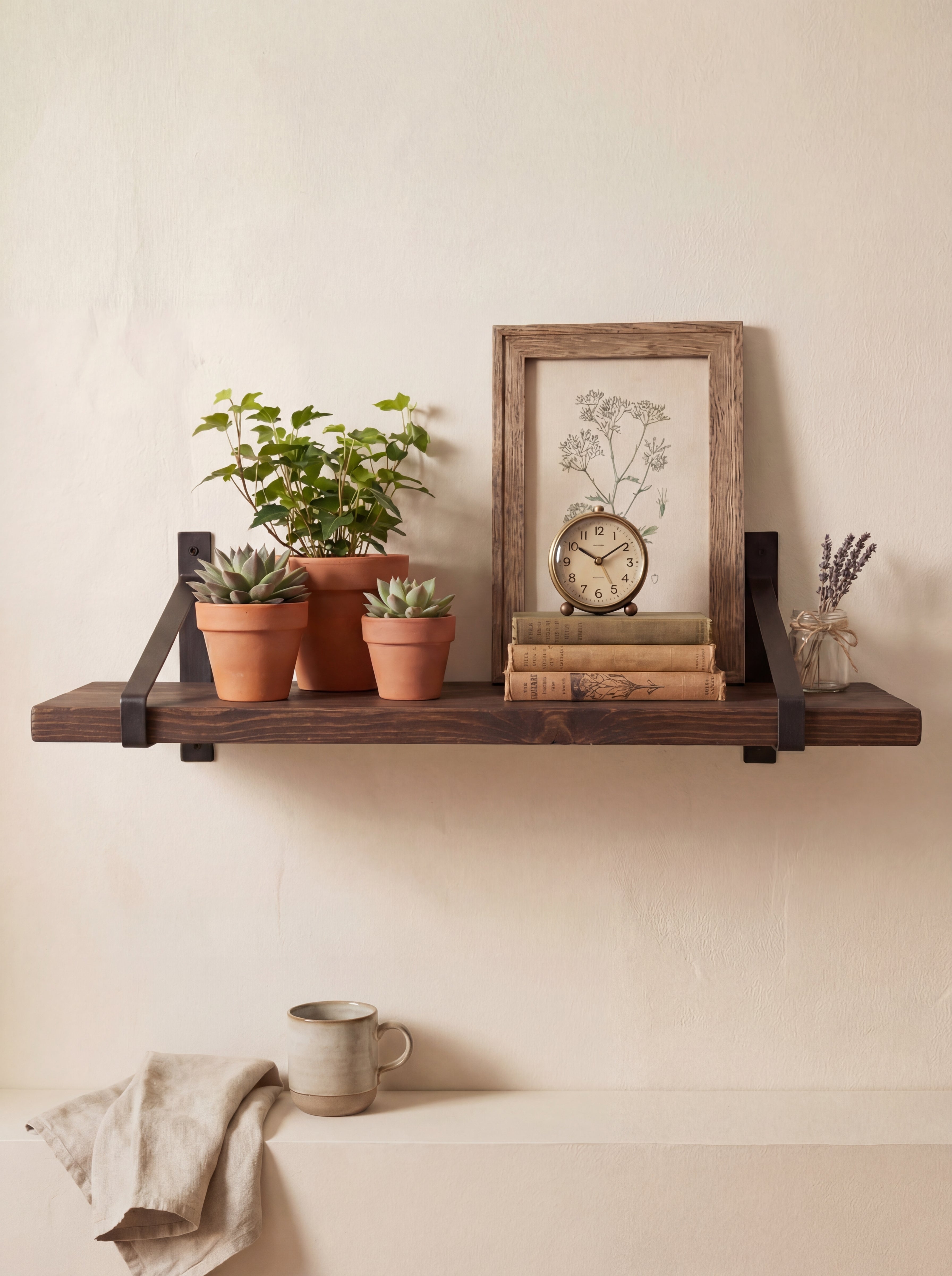 Armstrong Rustic Wooden Shelf with Brackets - 22cm x 3.5cm - Bracketed Shelves