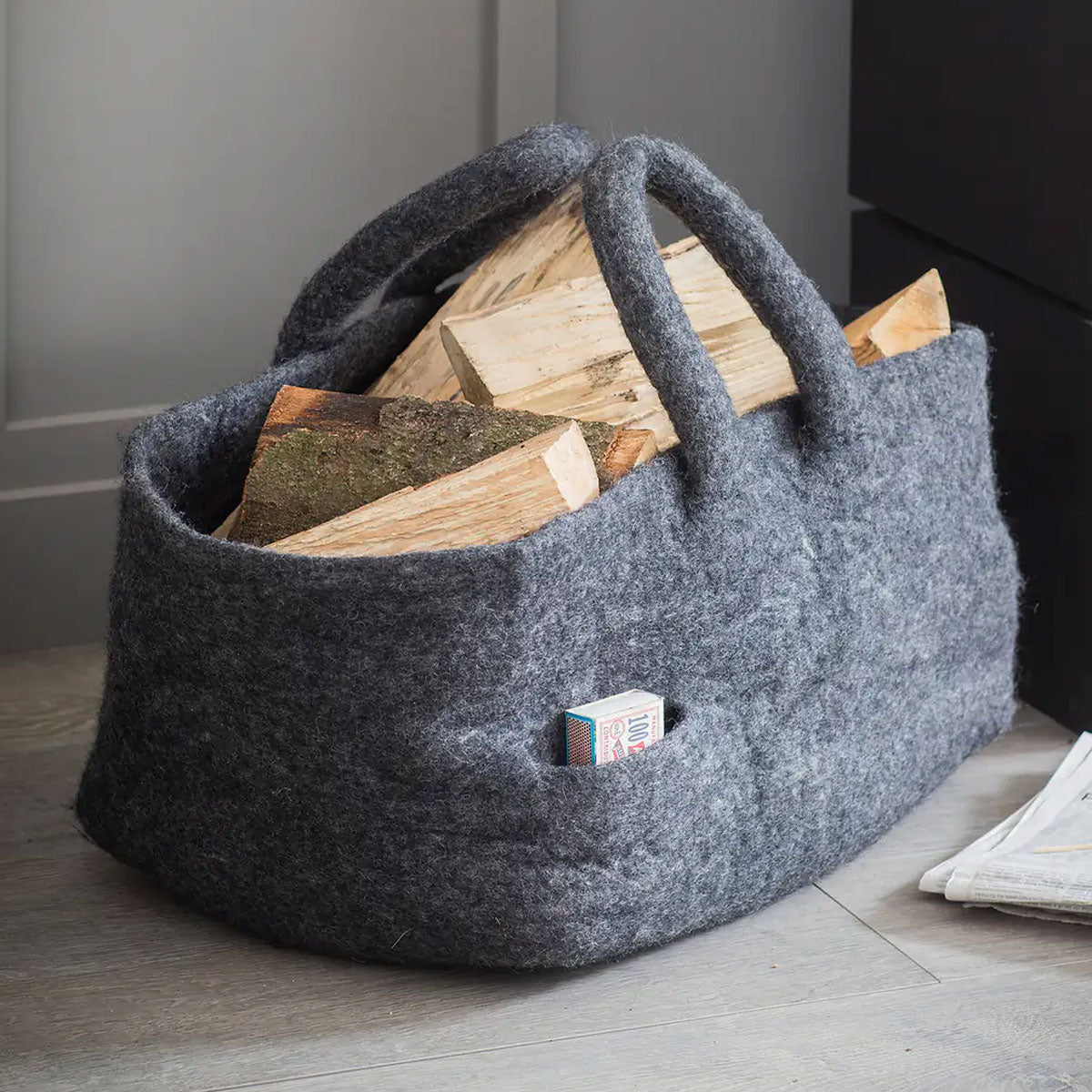 Grey Wool Log Basket - Fire Sets